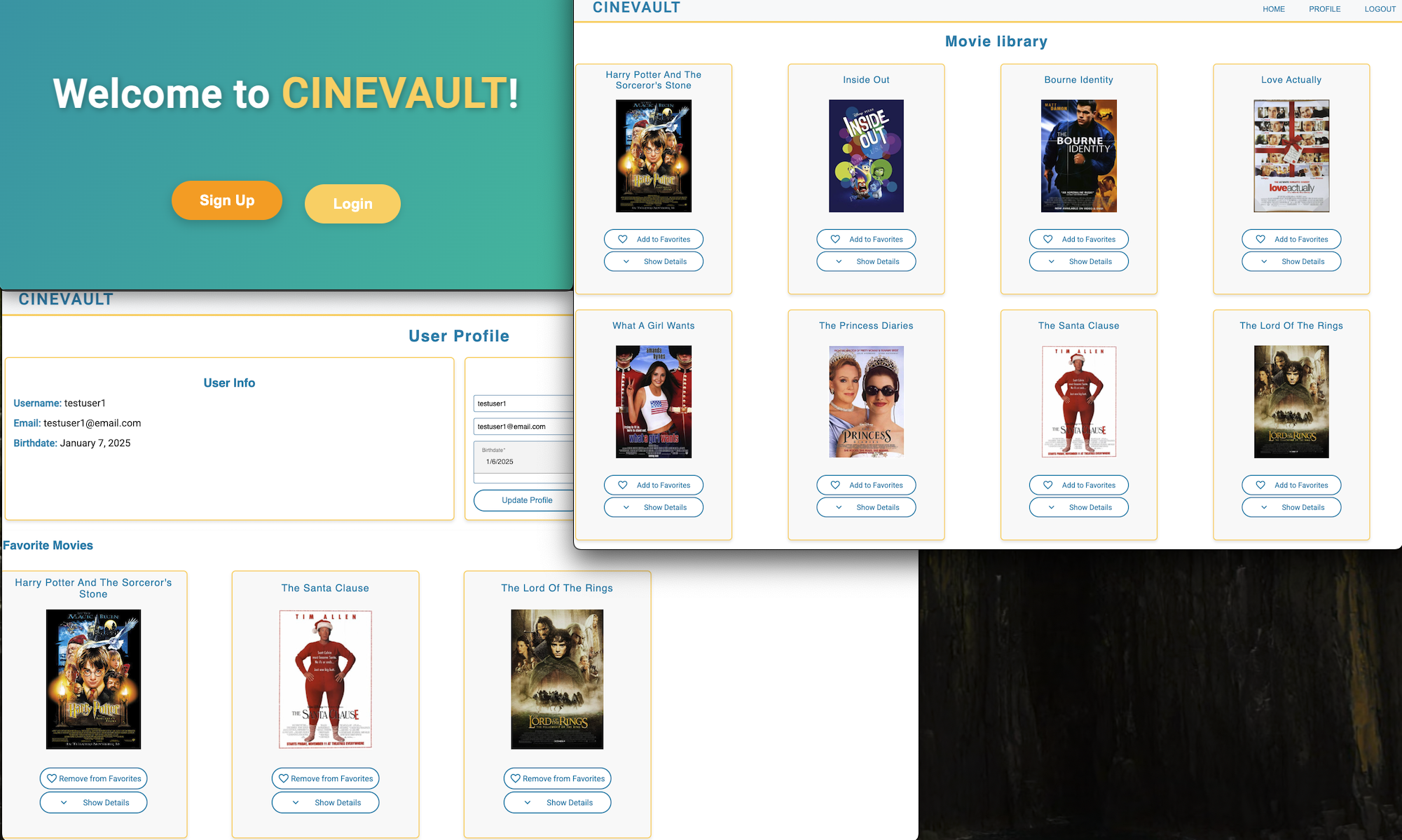 Screenshot of the CineVault Angular Application