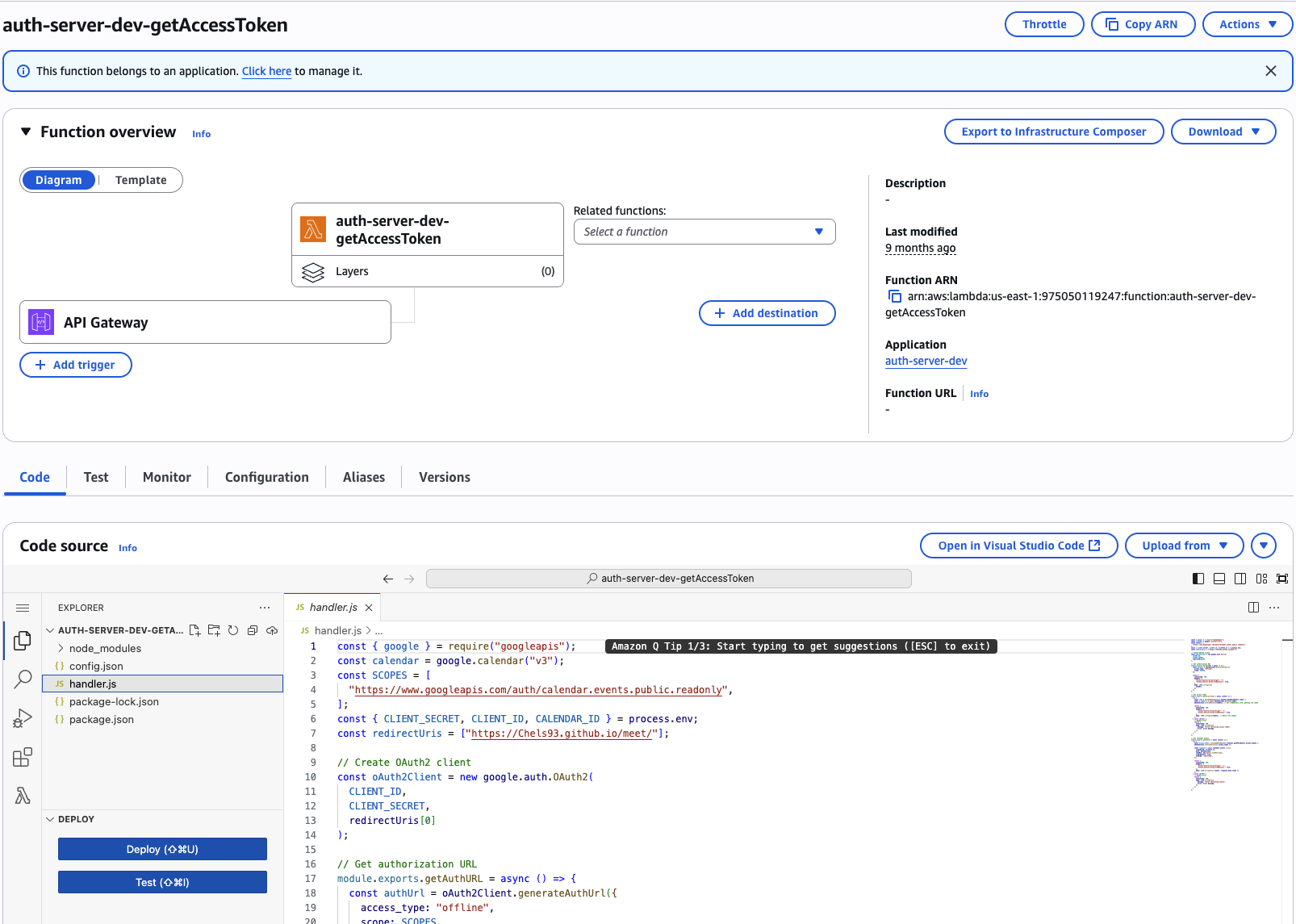 AWS Lambda function deployment dashboard showing serverless infrastructure setup
