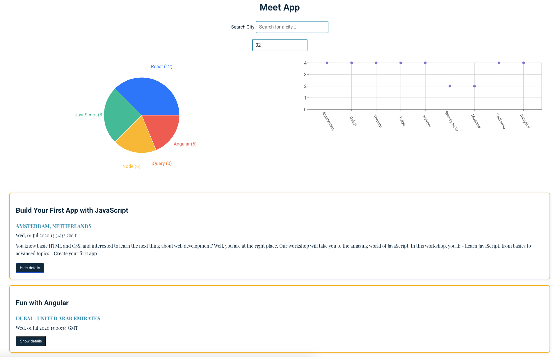 Meet App main interface showing event filtering and detailed event views